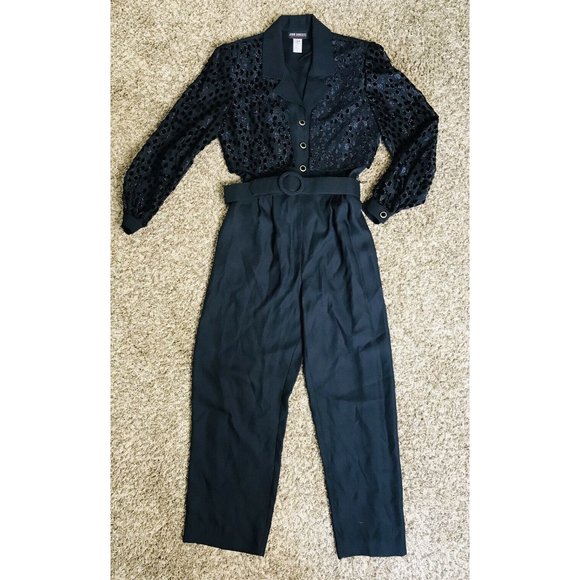 Vintage John Roberts Womens Jumpsuit Size 10 Black Eyelet Pant Romper Power Suit - Picture 5 of 10